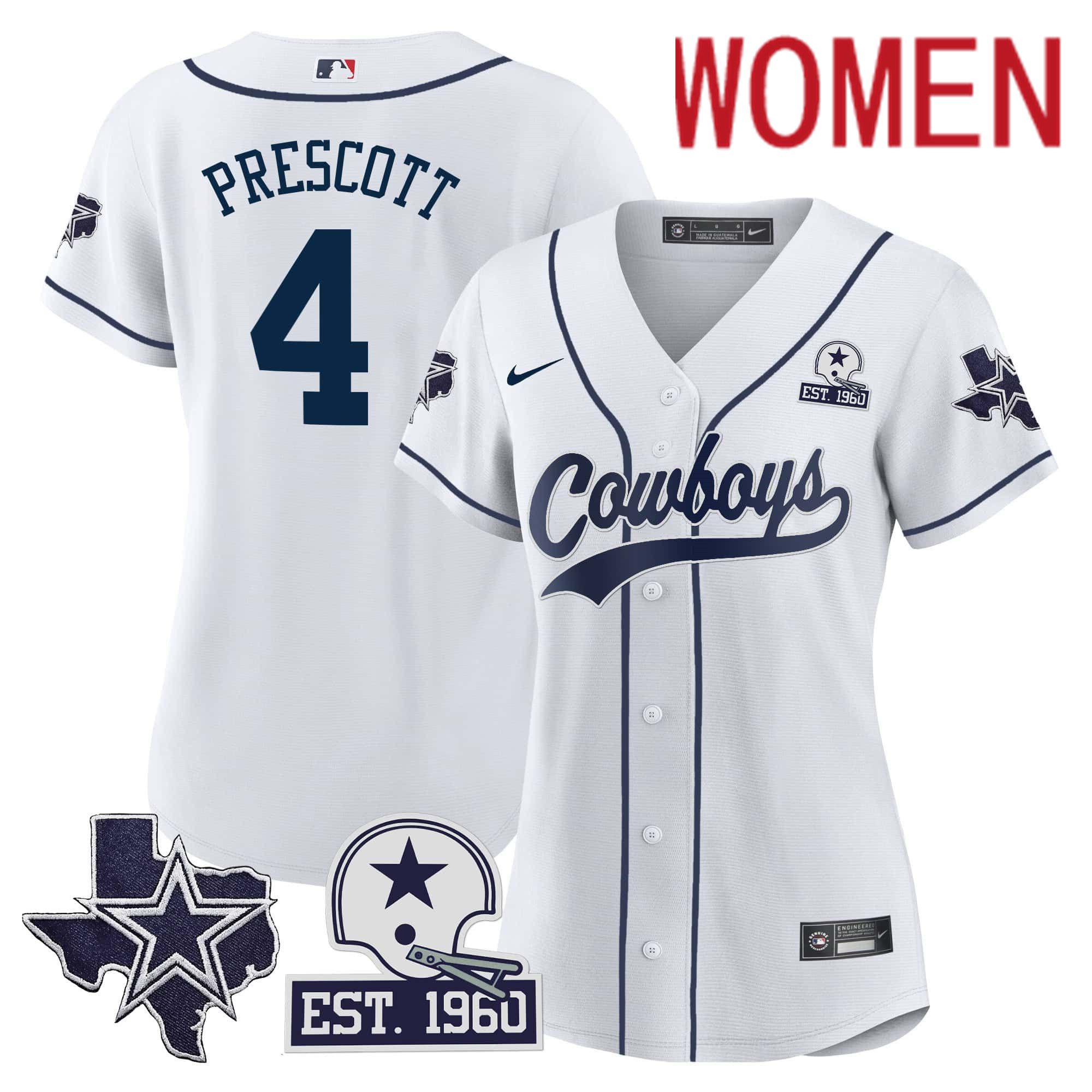 Women Dallas Cowboys 4 Prescott White 2024 Nike Patch Baseball NFL Jersey